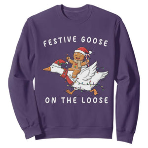 Festive Goose On The Loose Christmas Sweatshirt Funny Goose Gingerbread Xmas TS14 Purple Print Your Wear