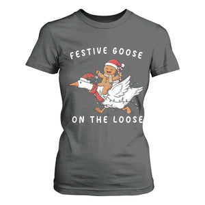 Festive Goose On The Loose Christmas T Shirt For Women Funny Goose Gingerbread Xmas TS14 Dark Heather Print Your Wear