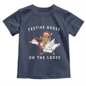 Festive Goose On The Loose Christmas Toddler T Shirt Funny Goose Gingerbread Xmas TS14 Navy Print Your Wear