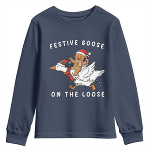 Festive Goose On The Loose Christmas Youth Sweatshirt Funny Goose Gingerbread Xmas TS14 Navy Print Your Wear