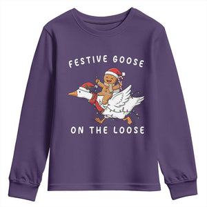 Festive Goose On The Loose Christmas Youth Sweatshirt Funny Goose Gingerbread Xmas TS14 Purple Print Your Wear