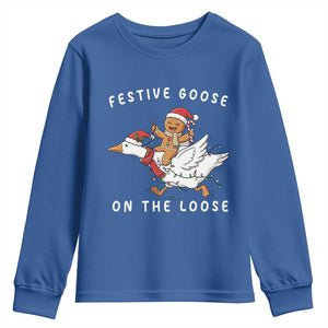 Festive Goose On The Loose Christmas Youth Sweatshirt Funny Goose Gingerbread Xmas TS14 Royal Blue Print Your Wear