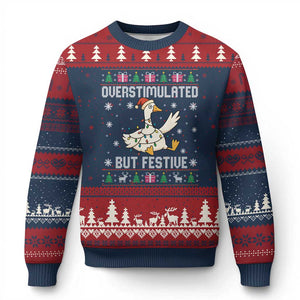 Funny Silly Goose Xmas Ugly Christmas Sweater Overstimulated But Festive TS14 Navy Red Print Your Wear