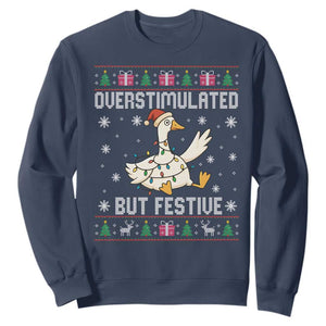 Funny Silly Goose Christmas Sweatshirt Overstimulated But Festive TS14 Navy Print Your Wear