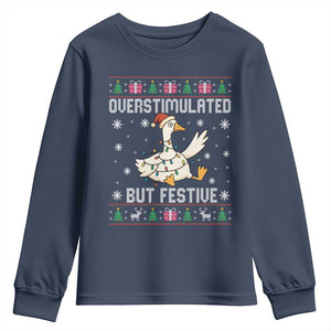 Funny Silly Goose Christmas Youth Sweatshirt Overstimulated But Festive TS14 Navy Print Your Wear
