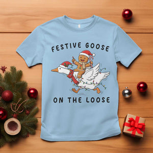Funny Goose Christmas T Shirt Festive Goose On The Loose Xmas TS14 Light Blue Print Your Wear