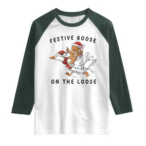 Funny Goose Christmas Raglan Shirt Festive Goose On The Loose Xmas TS14 White Dark Forest Green Print Your Wear