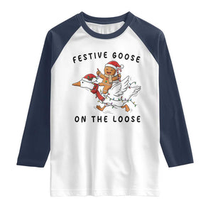 Funny Goose Christmas Raglan Shirt Festive Goose On The Loose Xmas TS14 White Navy Print Your Wear
