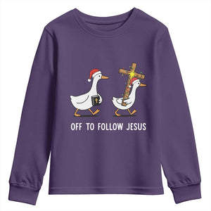 Funny Christmas Christian Goose Youth Sweatshirt Off To Follow Jesus TS14 Purple Print Your Wear