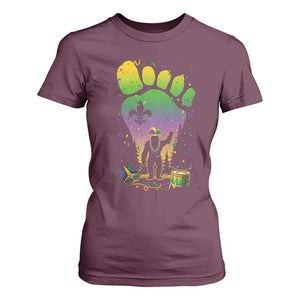 Mardi Gras Bigfoot T Shirt For Women Sasquatch Forest Footprint Carnival Party TS14 Maroon Print Your Wear