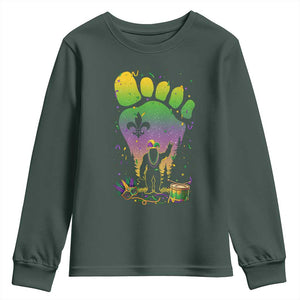 Mardi Gras Bigfoot Youth Sweatshirt Sasquatch Forest Footprint Carnival Party TS14 Dark Forest Green Print Your Wear