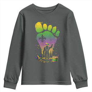 Mardi Gras Bigfoot Youth Sweatshirt Sasquatch Forest Footprint Carnival Party TS14 Dark Heather Print Your Wear