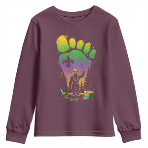 Mardi Gras Bigfoot Youth Sweatshirt Sasquatch Forest Footprint Carnival Party TS14 Maroon Print Your Wear