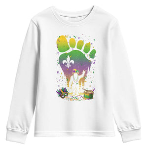 Mardi Gras Bigfoot Youth Sweatshirt Sasquatch Forest Footprint Carnival Party TS14 White Print Your Wear