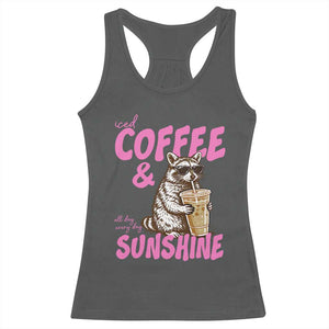 Iced Coffee and Sunshine Racerback Tank Top Funny Raccoon Summer Coffee Lover Gift TS14 Dark Heather Print Your Wear