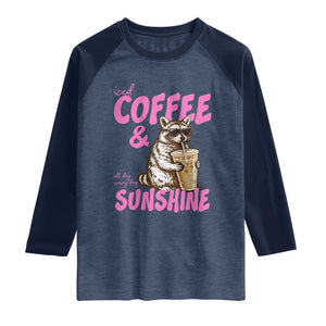 Iced Coffee and Sunshine Raglan Shirt Funny Raccoon Summer Coffee Lover Gift TS14 Heather Denim Navy Print Your Wear