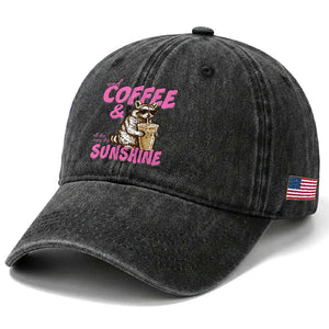 Iced Coffee and Sunshine Washed Cotton Baseball Cap Funny Raccoon Summer Coffee Lover Gift TS14 Print Your Wear