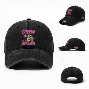 Iced Coffee and Sunshine Washed Cotton Baseball Cap Funny Raccoon Summer Coffee Lover Gift TS14 Washed Cap Universal Fit Black Print Your Wear