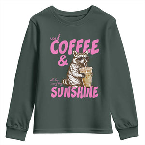 Iced Coffee and Sunshine Youth Sweatshirt Funny Raccoon Summer Coffee Lover Gift TS14 Dark Forest Green Print Your Wear