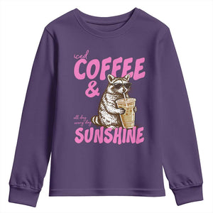 Iced Coffee and Sunshine Youth Sweatshirt Funny Raccoon Summer Coffee Lover Gift TS14 Purple Print Your Wear