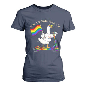 You Are Safe With Me T Shirt For Women LGBTQ Pride Goose Rainbow TS14 Navy Print Your Wear