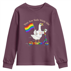 You Are Safe With Me Youth Sweatshirt LGBTQ Pride Goose Rainbow TS14 Maroon Print Your Wear