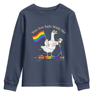 You Are Safe With Me Youth Sweatshirt LGBTQ Pride Goose Rainbow TS14 Navy Print Your Wear