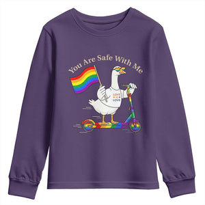 You Are Safe With Me Youth Sweatshirt LGBTQ Pride Goose Rainbow TS14 Purple Print Your Wear