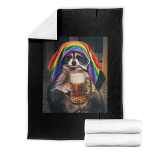 LGBTQ Pride Raccoon Rainbow Flag Throw Blanket Funny Drinking Beer