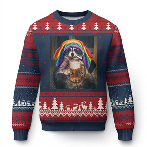 LGBTQ Pride Raccoon Rainbow Flag Ugly Christmas Sweater Funny Drinking Beer