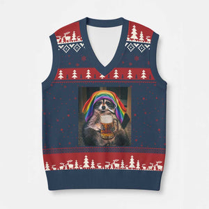 LGBTQ Pride Raccoon Rainbow Flag V-Neck Knit Sweater Vest Funny Drinking Beer