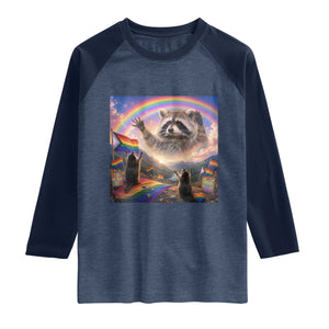 LGBTQ Pride Raccoon Rainbow Flag Raglan Shirt Two Raccoons Howling to The Rainbow TS14 Heather Denim Navy Print Your Wear