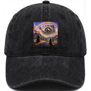 LGBTQ Pride Raccoon Rainbow Flag Washed Cotton Baseball Cap Two Raccoons Howling to The Rainbow