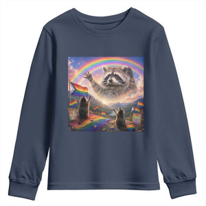 LGBTQ Pride Raccoon Rainbow Flag Youth Sweatshirt Two Raccoons Howling to The Rainbow TS14 Navy Print Your Wear