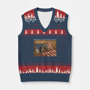 Probably Reading Trash Racoon V-Neck Knit Sweater Vest Funny Racoon Book Lover 4th of July