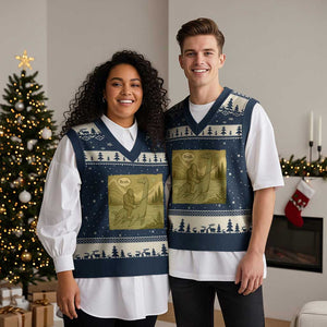 Funny Bigfoot Fishing V-Neck Knit Sweater Vest Sasquatch Loch Ness Monster Introvert Bruh TS14 Navy Beige Print Your Wear