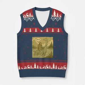 Funny Bigfoot Fishing V-Neck Knit Sweater Vest Sasquatch Loch Ness Monster Introvert Bruh TS14 Navy Red Print Your Wear