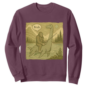 Funny Bigfoot Fishing Sweatshirt Sasquatch Loch Ness Monster Introvert Bruh TS14 Maroon Print Your Wear