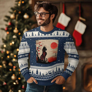 Kawaii Anime Cat Japanese Cherry Blossom Ugly Christmas Sweater TS14 Navy Beige Print Your Wear