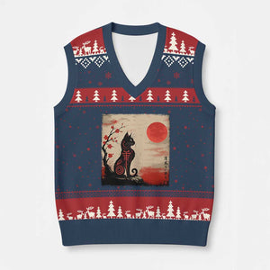 Kawaii Anime Cat Japanese Cherry Blossom V-Neck Knit Sweater Vest TS14 Navy Red Print Your Wear