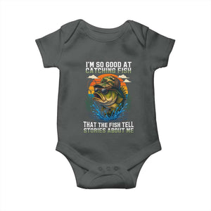 Funny Bass Fishing Baby Onesie I Am So Good At Catching Fish That The Fish Tell Stories About Me TS14 Dark Heather Print Your Wear
