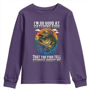 Funny Bass Fishing Youth Sweatshirt I Am So Good At Catching Fish That The Fish Tell Stories About Me TS14 Purple Print Your Wear