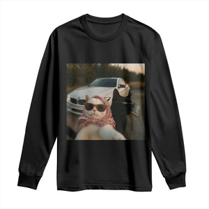 Cats Selfie Meme Long Sleeve Shirt Funny Black Cat Smoking Cigarette With Car TS14 Black Print Your Wear