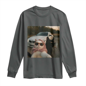 Cats Selfie Meme Long Sleeve Shirt Funny Black Cat Smoking Cigarette With Car TS14 Dark Heather Print Your Wear