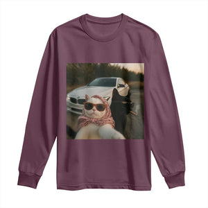 Cats Selfie Meme Long Sleeve Shirt Funny Black Cat Smoking Cigarette With Car TS14 Maroon Print Your Wear