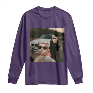 Cats Selfie Meme Long Sleeve Shirt Funny Black Cat Smoking Cigarette With Car TS14 Purple Print Your Wear