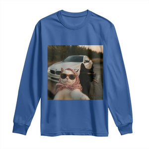 Cats Selfie Meme Long Sleeve Shirt Funny Black Cat Smoking Cigarette With Car TS14 Royal Blue Print Your Wear