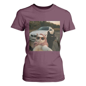 Cats Selfie Meme T Shirt For Women Funny Black Cat Smoking Cigarette With Car TS14 Maroon Print Your Wear