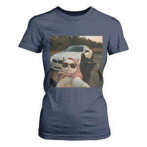 Cats Selfie Meme T Shirt For Women Funny Black Cat Smoking Cigarette With Car TS14 Navy Print Your Wear
