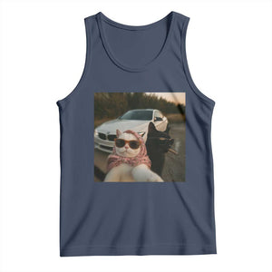 Cats Selfie Meme Tank Top Funny Black Cat Smoking Cigarette With Car TS14 Navy Print Your Wear